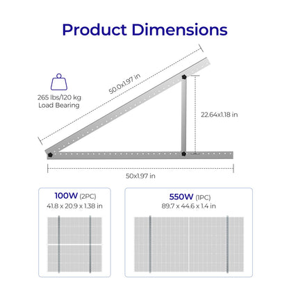 Adjustable Solar Panel Mount Brackets with Foldable Tilt Legs (50in) on Any Flat Surface for Any Off-Grid System