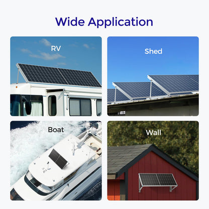 Adjustable Solar Panel Mount Brackets with Foldable Tilt Legs (50in) on Any Flat Surface for Any Off-Grid System