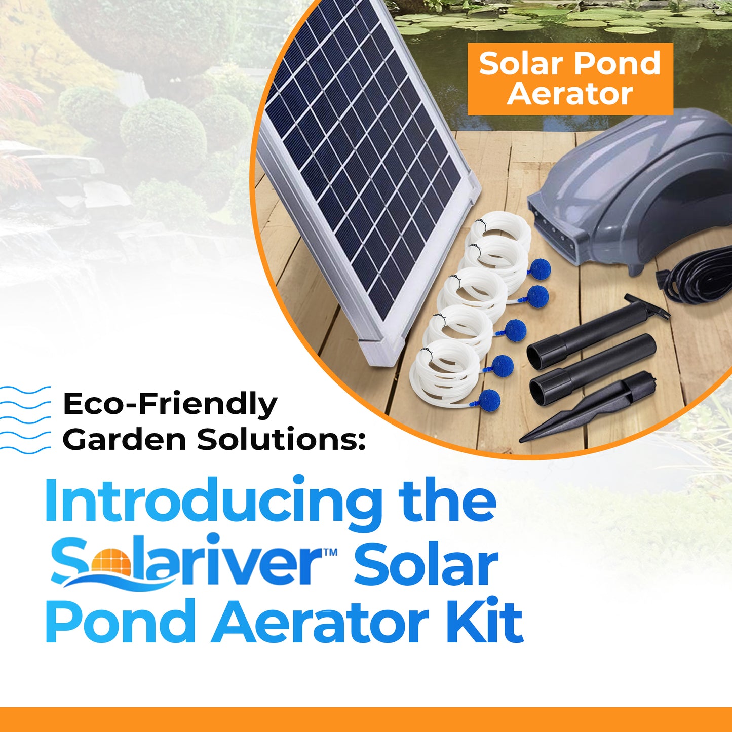 Solar Pond Aerator (DC Air Pump, 12w Solar Panel, 5 Air Stones) - Battery Compatible