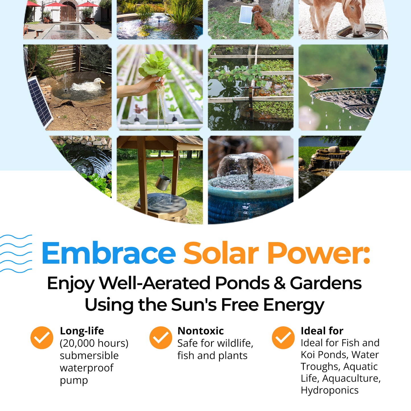 Solar Pond Aerator (DC Air Pump, 12w Solar Panel, 5 Air Stones) - Battery Compatible