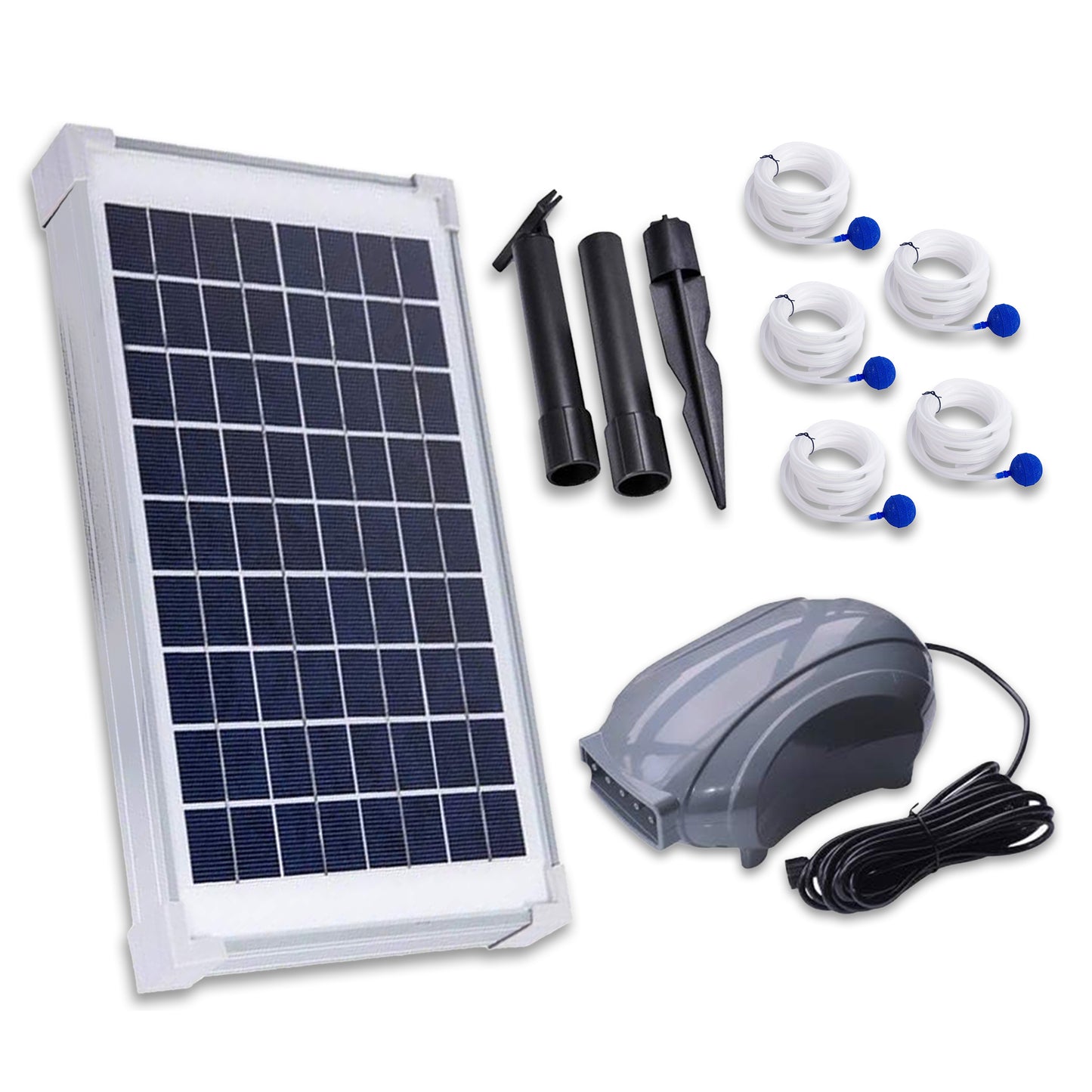 Solar Pond Aerator (DC Air Pump, 12w Solar Panel, 5 Air Stones) - Battery Compatible