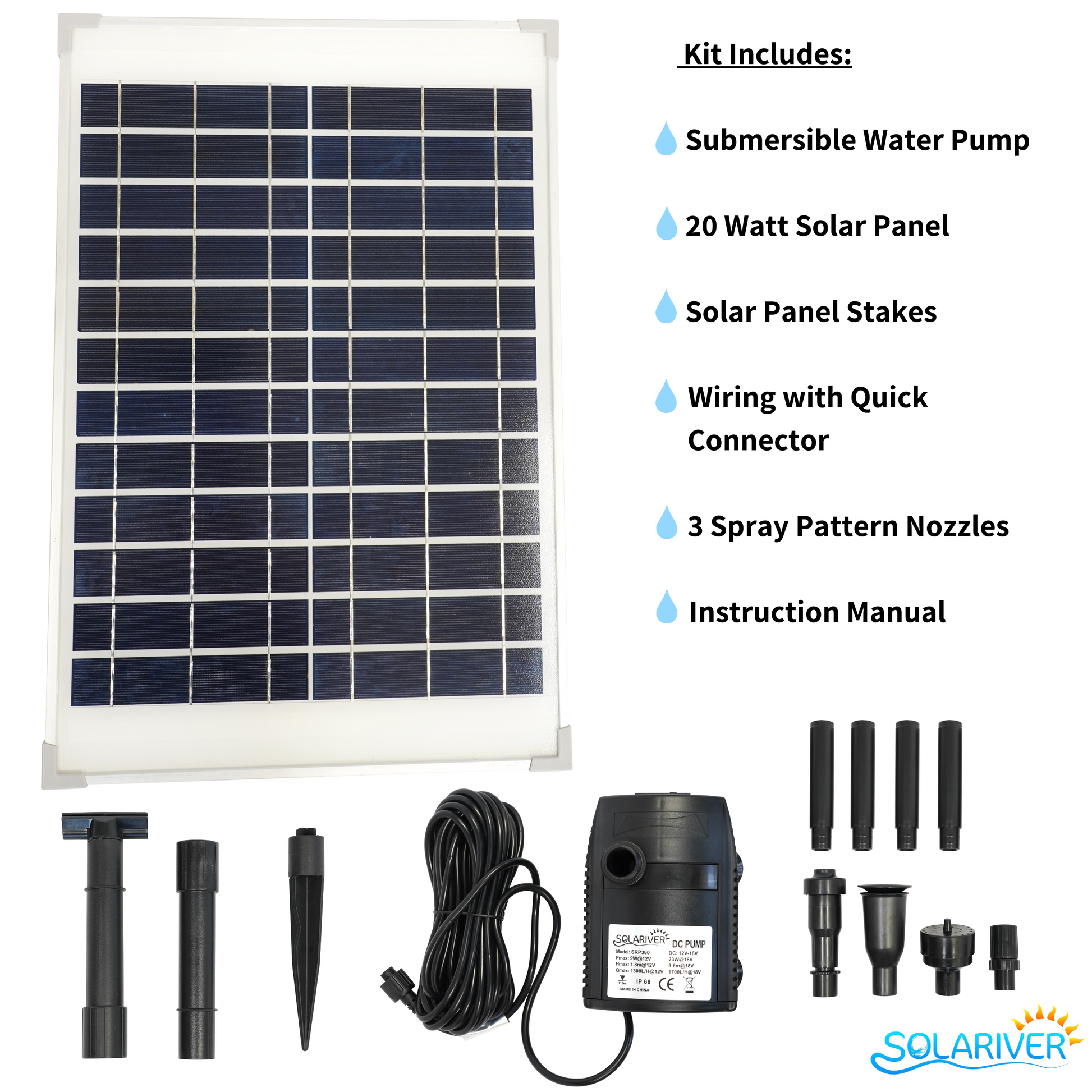 Solariver 360+ GPH Solar Water Pump Kit Contents